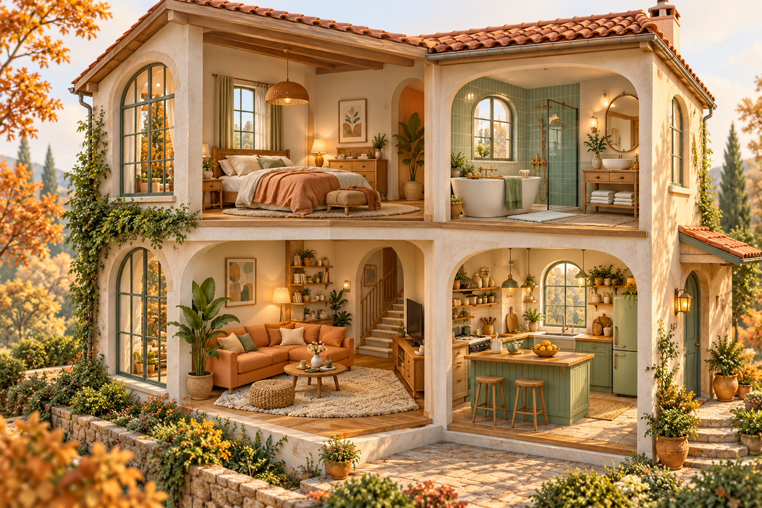 Original illustration of a warm, colorful home with a kitchen, living room, bathroom and bedroom